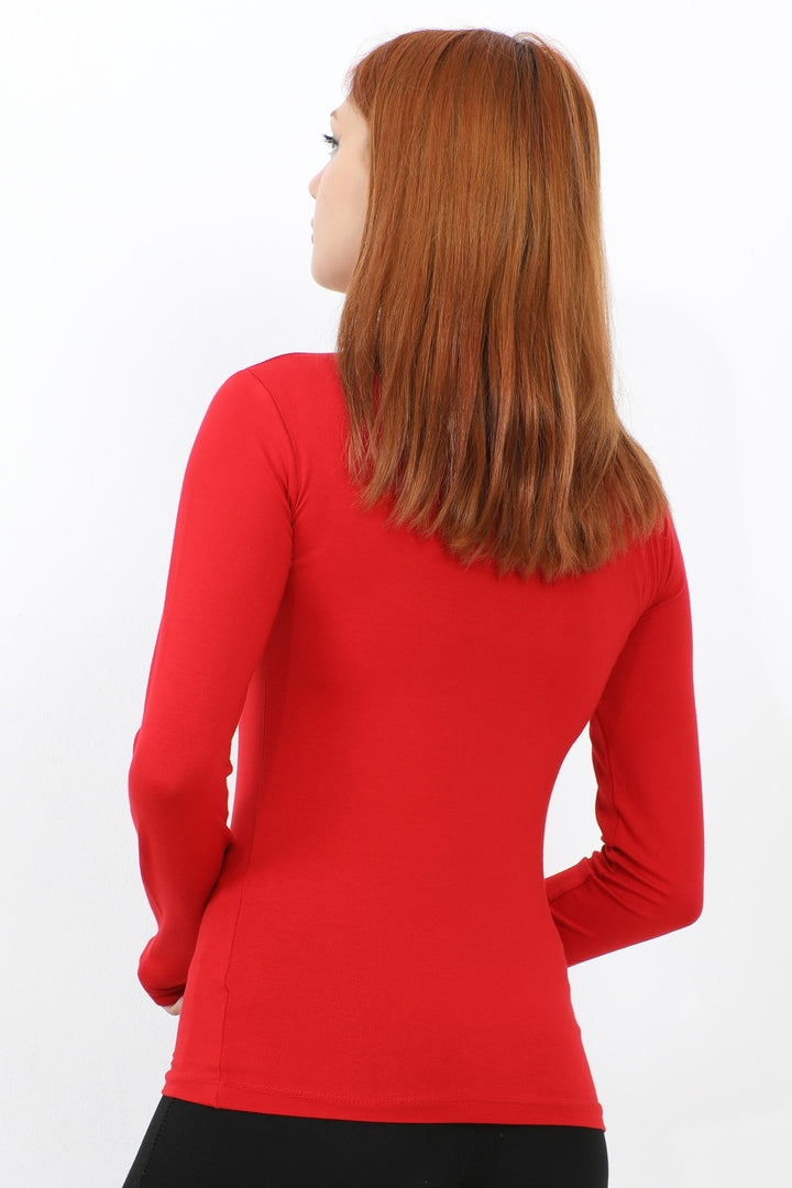 MDS Women Long Sleeve Fisherman Collar Basic Bodysuit - Red - Stains