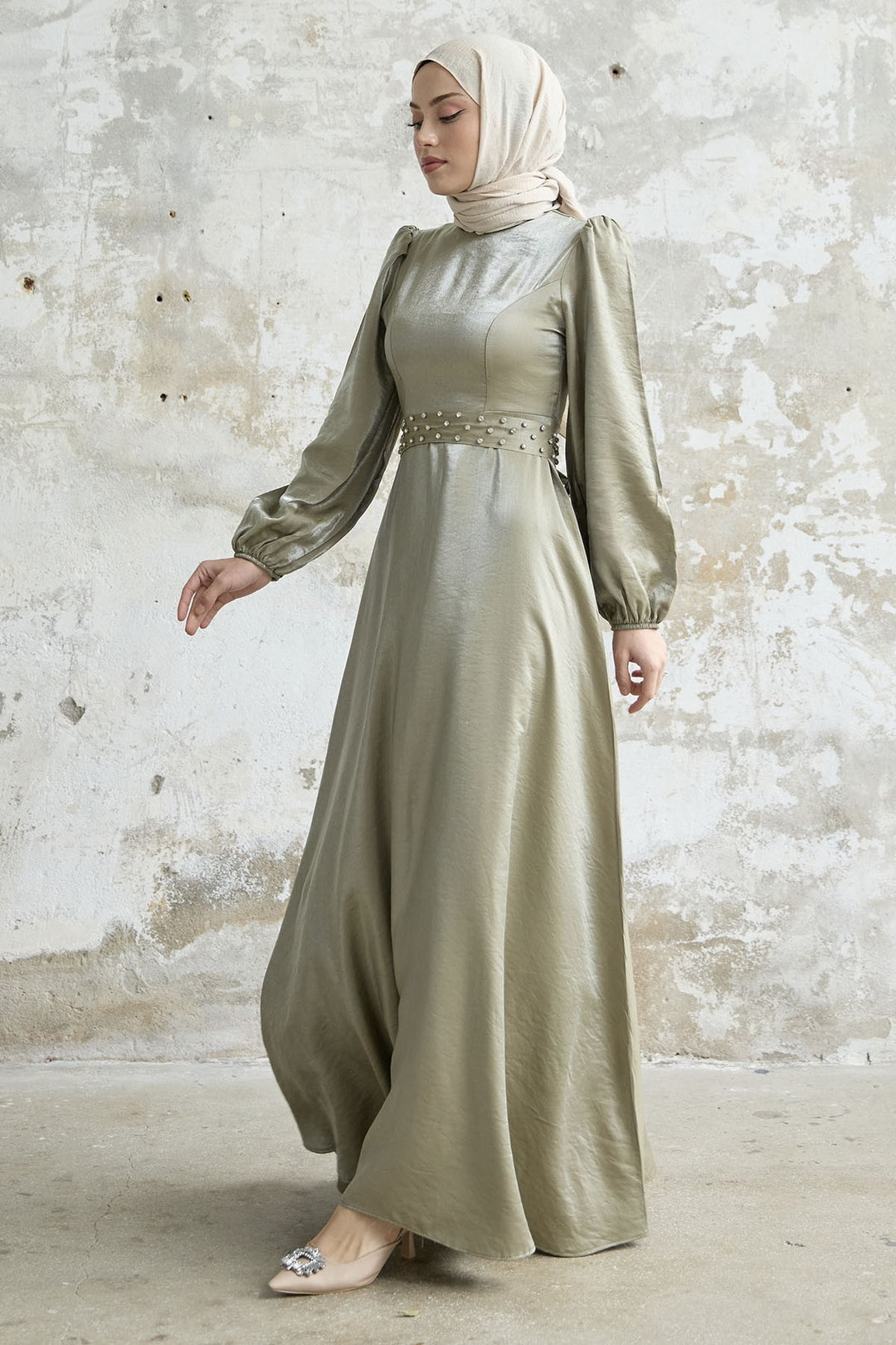 MDS Women Stone Belted Shiny Satin Dress - Khaki - Woolwich