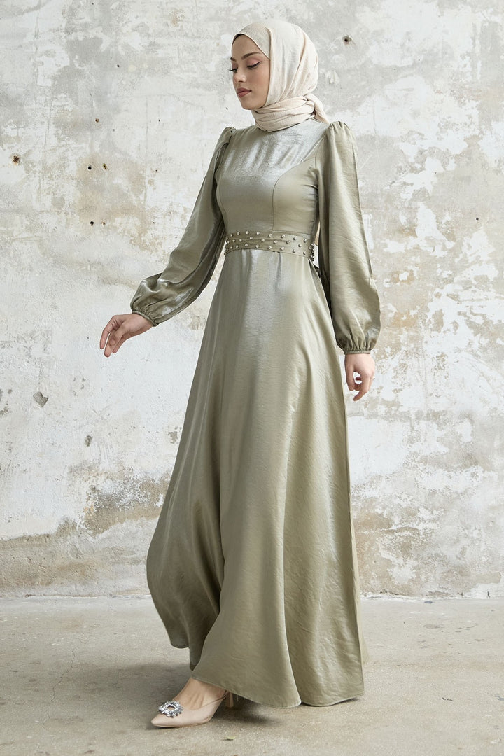 MDS Women Stone Belted Shiny Satin Dress - Khaki - Woolwich
