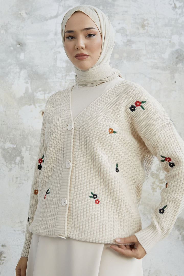 MDS Women Beige Cardigan with Daisy Embroidery - Bremerton