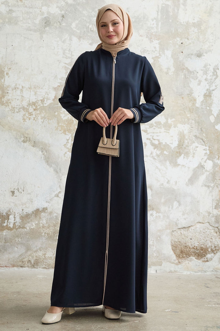 MDS Women Navy Blue Abaya with Half Collar and Striped Cuff - Owings Mills