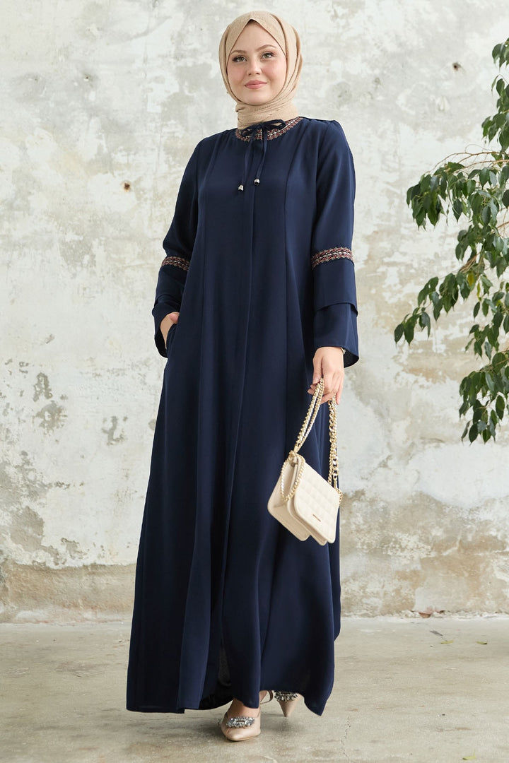 MDS Women Navy Overcoat with Lace Detail Embroidery - Santiago de Compostela