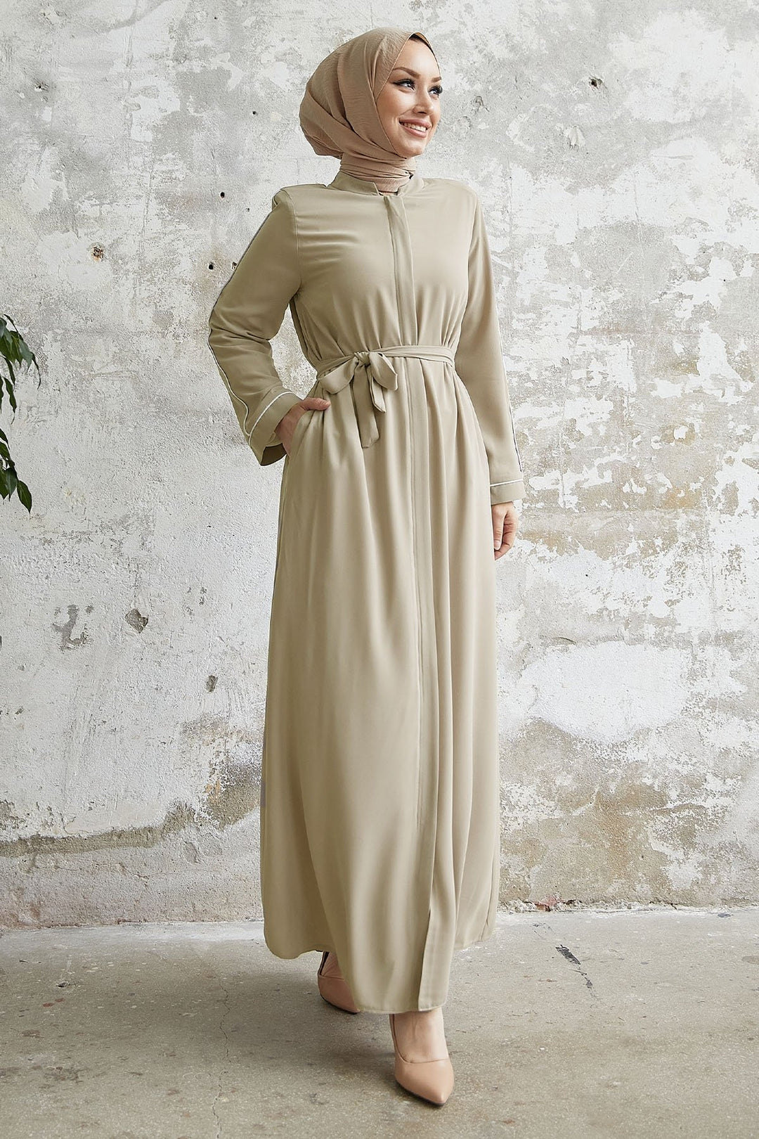 MDS Women Salvia Loose Sleeve Biye Patterned Abaya - Stone - Loreto