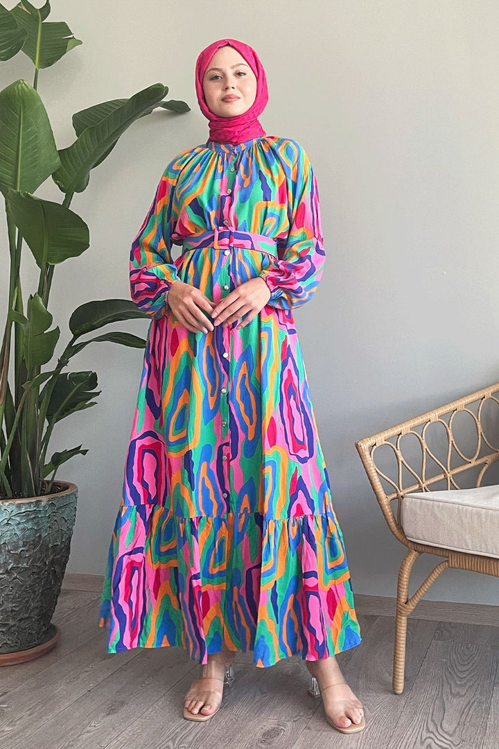 MDS Women Pink Viscose Dress with Oval Striped Belt - Matías Romero