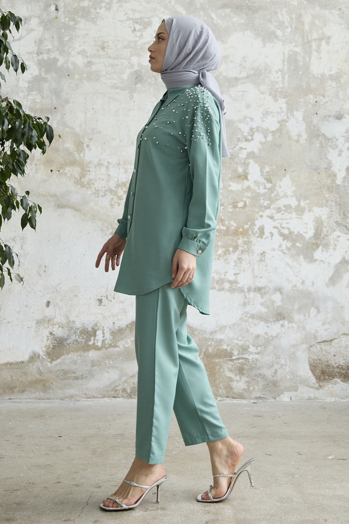 MDS Women Linen Set with Embroidery - Mint - Huatusco