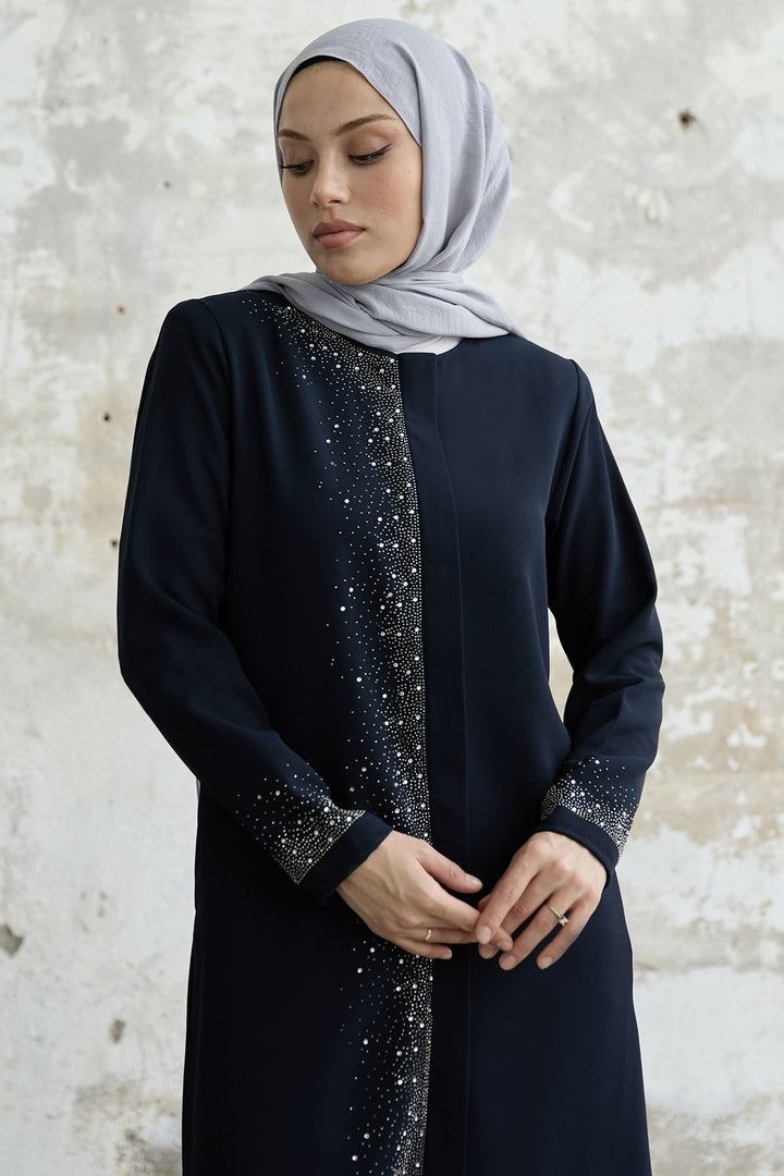 MDS Women Stone-embroidered Abaya with Right Side - Navy - Coeur dAlene