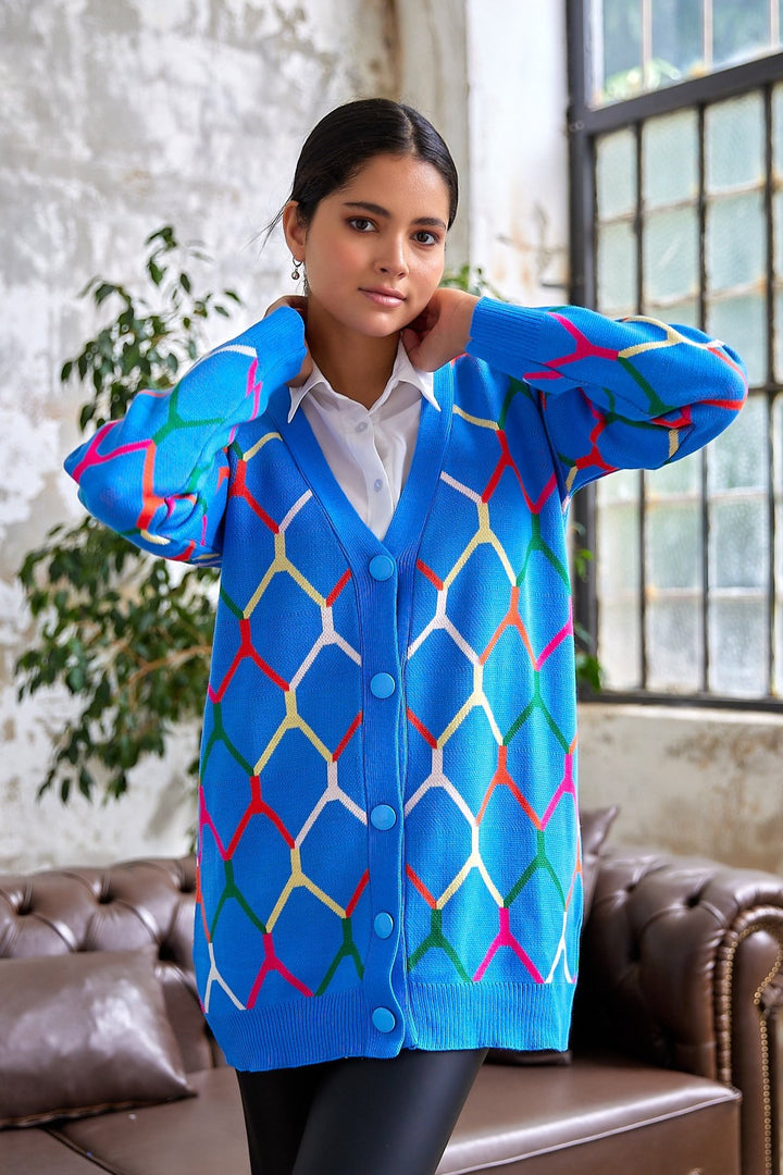 MDS Women Tera Patterned Cardigan - Blue - Columbia