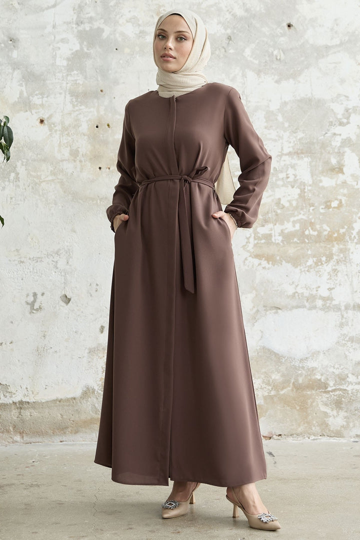 MDS Women Belted Honeycomb Fabric Abaya - Brown - Grenoble