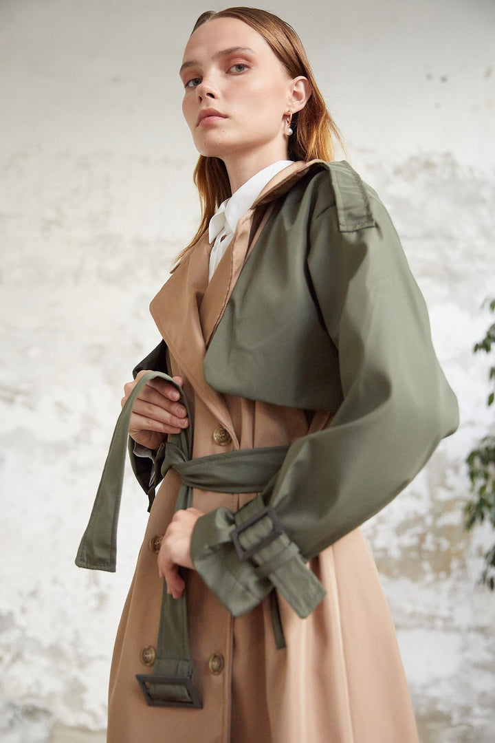 MDS Women Two-Tone Epaulet Detail Trench Coat - Khaki - Oviedo