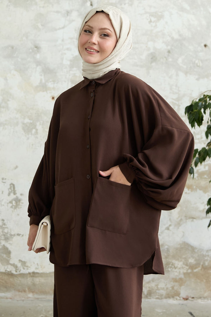 MDS Women Muno Balloon Sleeve Slouchy Bitter Coffee Set - Rechytsa