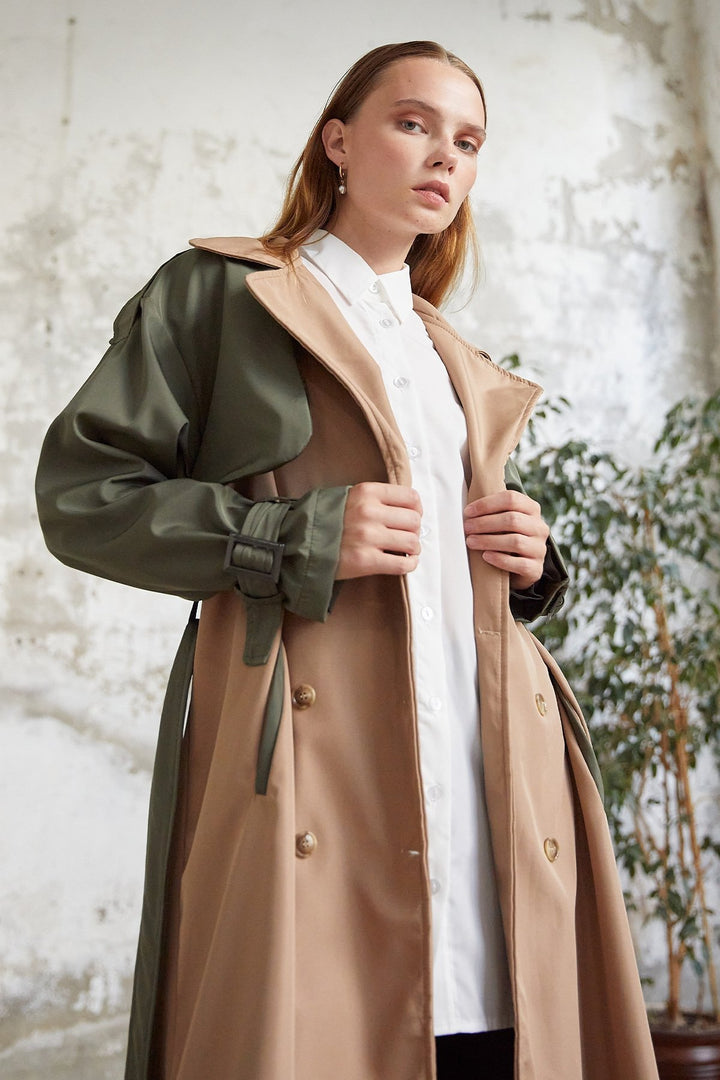 MDS Women Two-Tone Epaulet Detail Trench Coat - Khaki - Oviedo