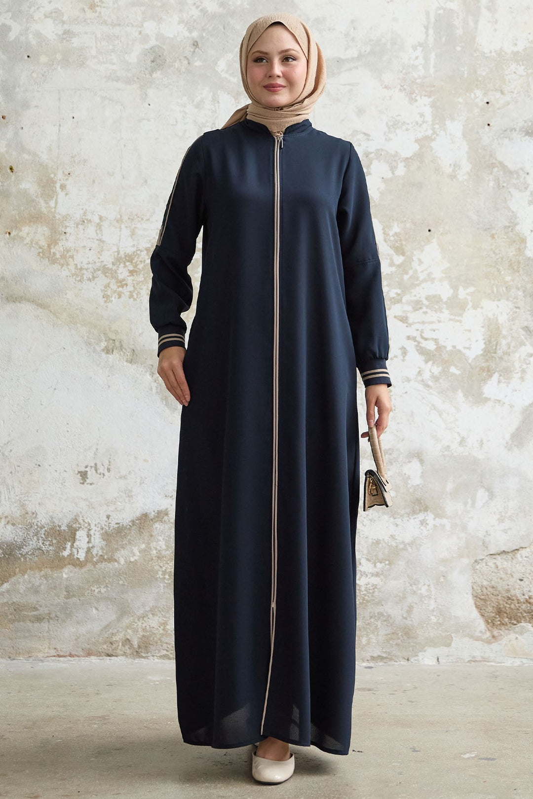 MDS Women Navy Blue Abaya with Half Collar and Striped Cuff - Owings Mills