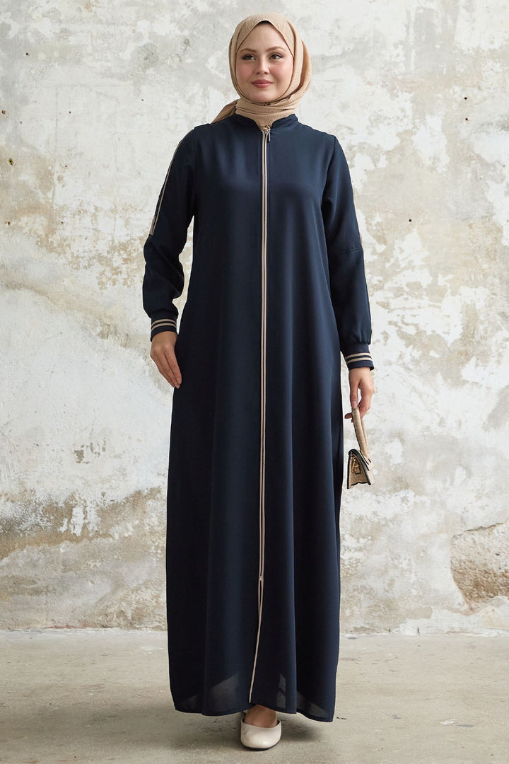 MDS Women Navy Blue Abaya with Half Collar and Striped Cuff - Owings Mills