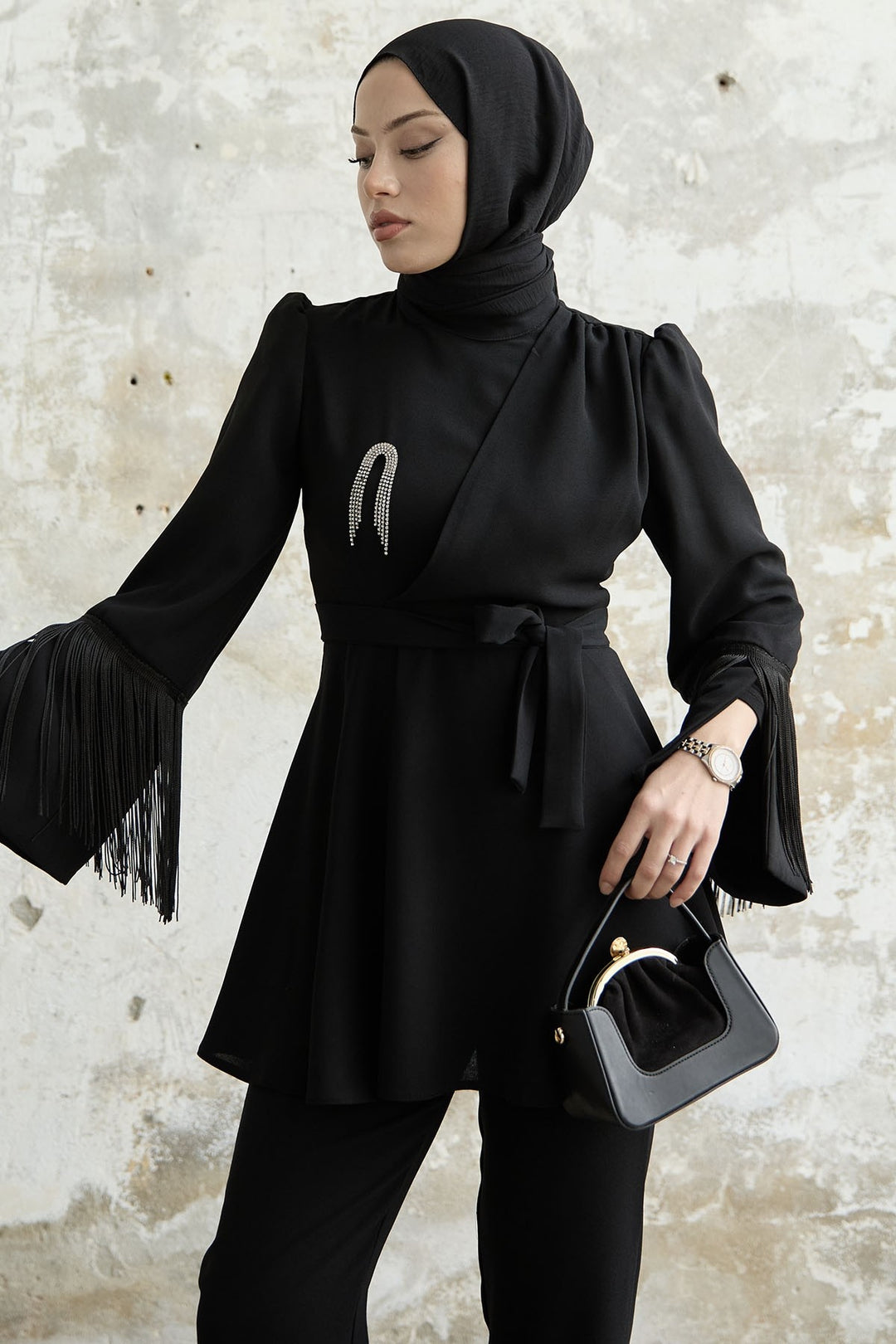 MDS Women Tasseled Sleeve Stone Crepe Set - Black - Martínez de la Torre