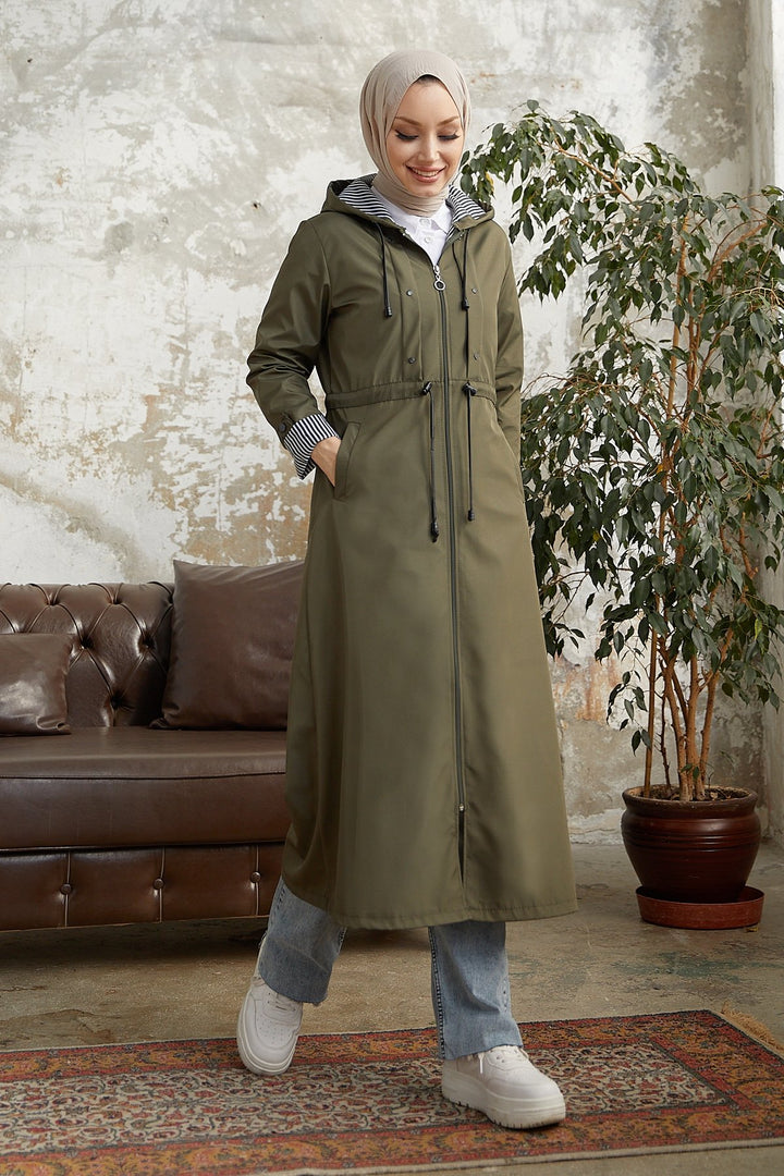 MDS Women Checked Striped Pattern Long Trench Coat - Khaki - Newnan