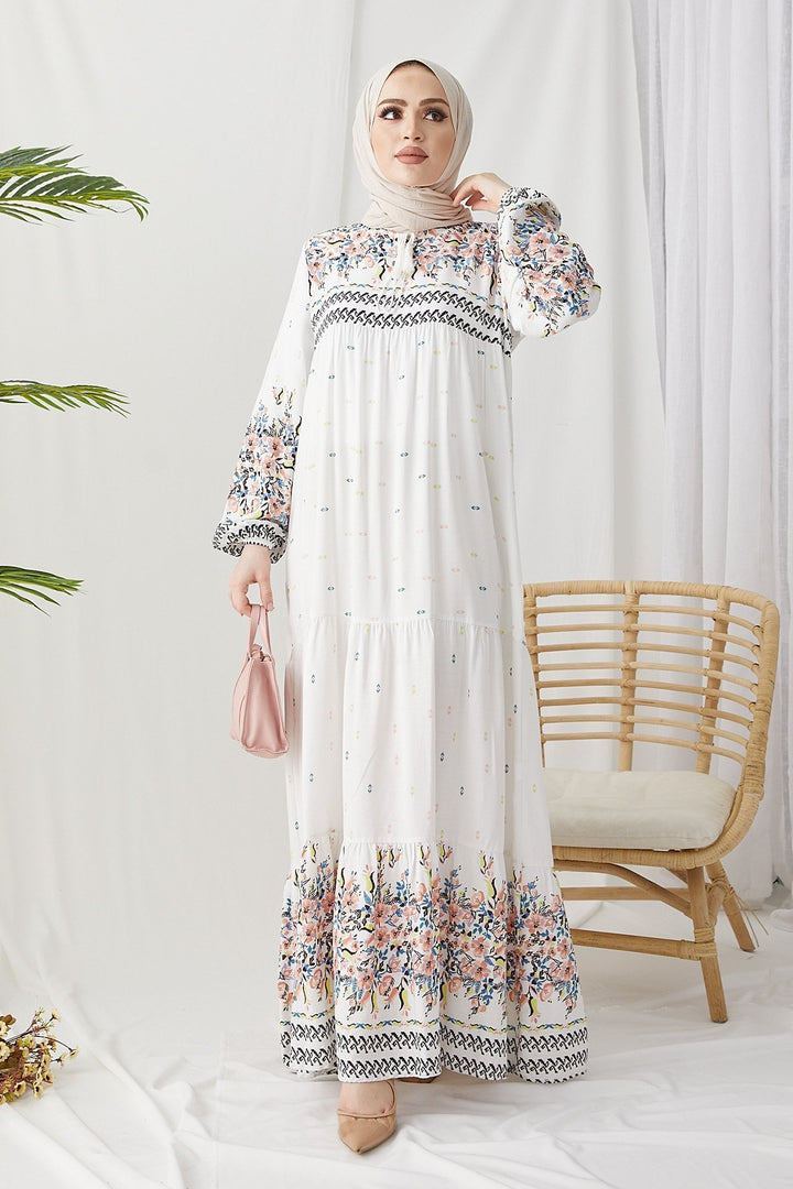 MDS Women Flowy Dress with Watery Pattern - White - Brăila