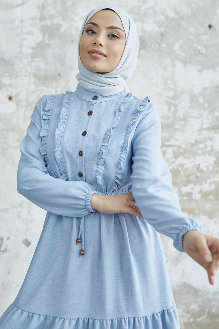 MDS Women Frilly Detail Buttoned A-line Dress - Baby Blue - Villajoyosa