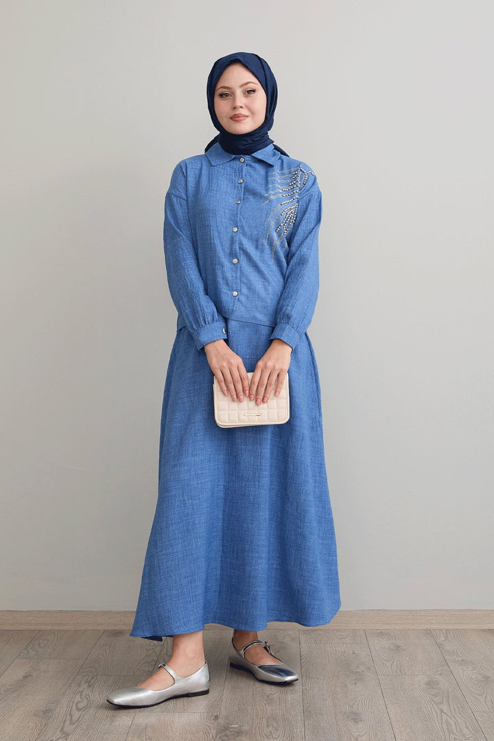 MDS Women Blue Linen Suit with Beaded Skirt - Marysville