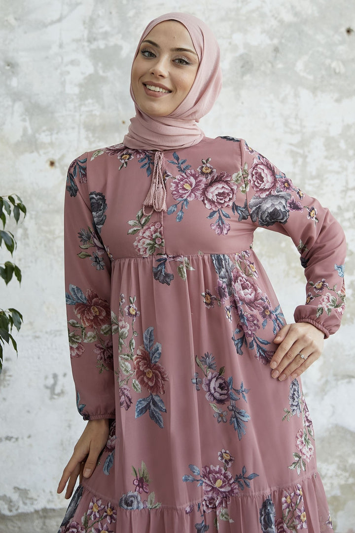 MDS Women Lace-Up Floral Chiffon Dress - Rose Pink - Silver Spring