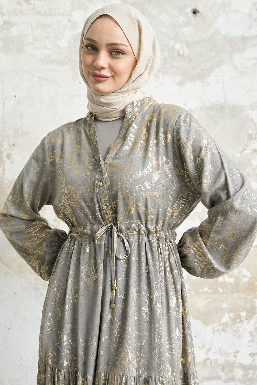 MDS Women Gold Flower Leaf Dress - Gray - Guildford