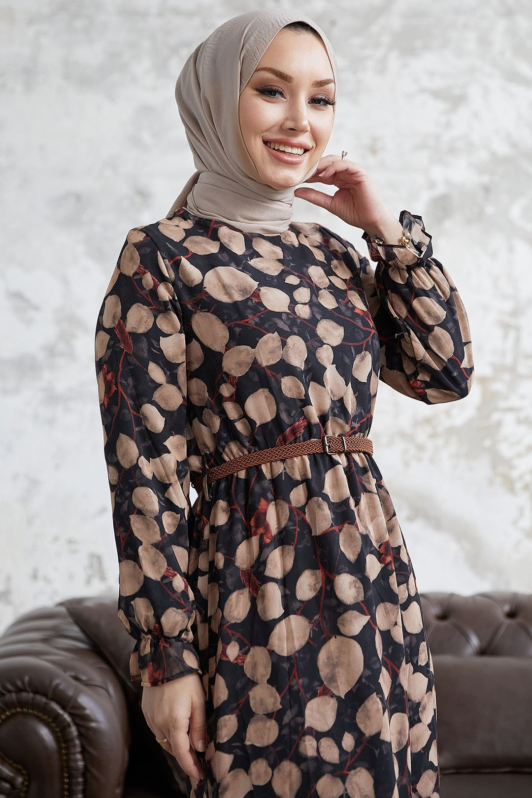 MDS Women Droplet Patterned Belted Chiffon Dress - Camel - Pervomaisk