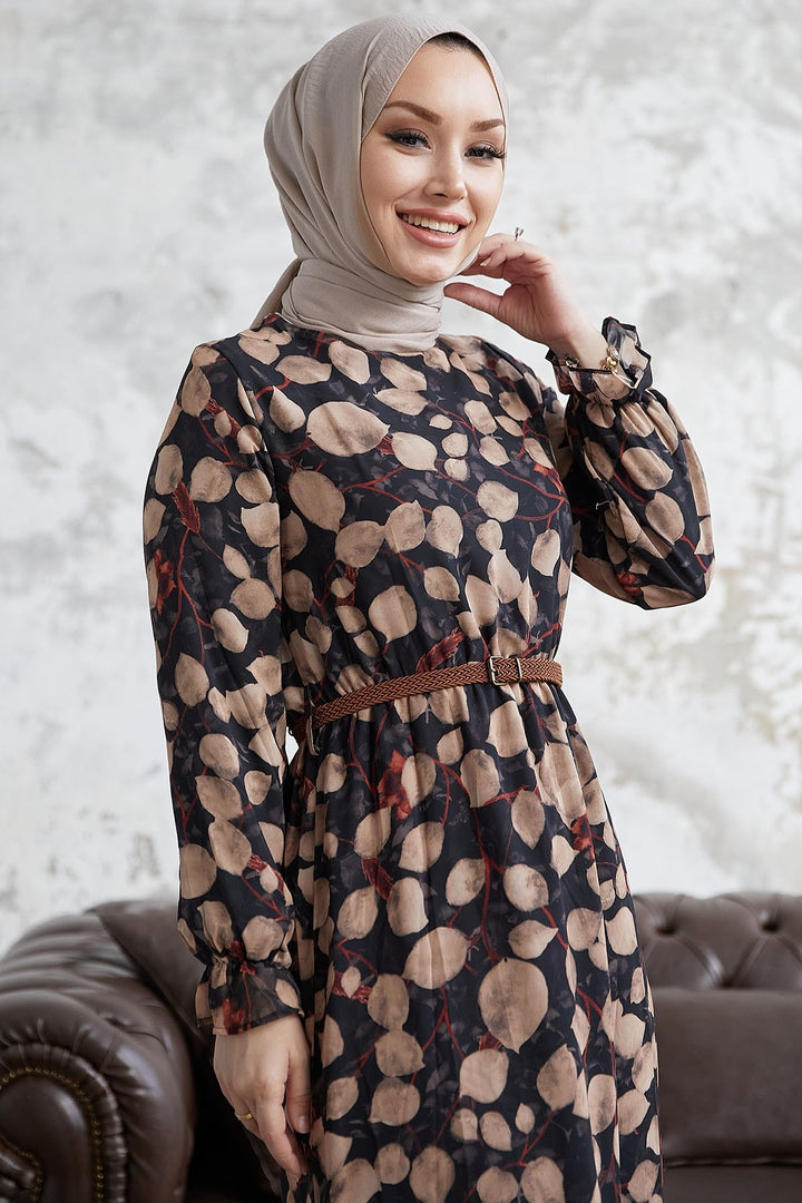 MDS Women Droplet Patterned Belted Chiffon Dress - Camel - Pervomaisk