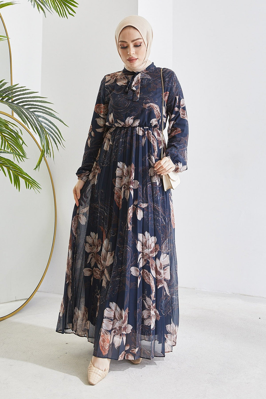 MDS Women Serena Flower Pattern Pleated Chiffon Dress - Navy Blue - Recklinghausen