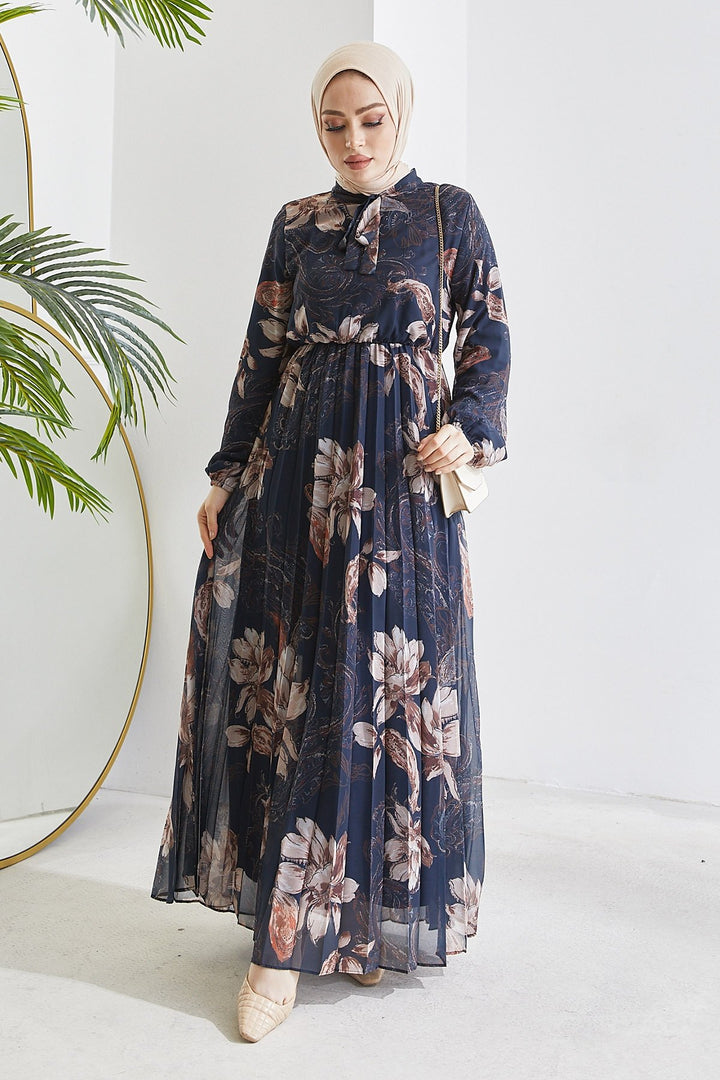MDS Women Serena Flower Pattern Pleated Chiffon Dress - Navy Blue - Recklinghausen