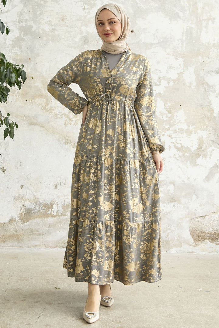 MDS Women Leaf Pattern Dress with Gold Leaf - Gray - Pombal