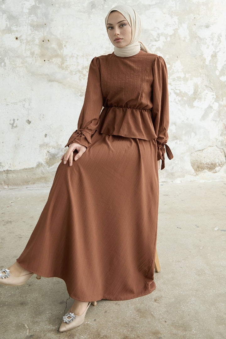 MDS Women Ruffle Detail Top and Skirt Set - Brown - Nampa
