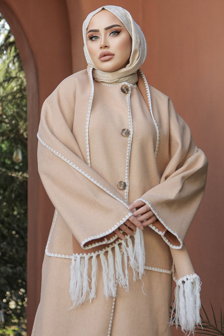 MDS Women Scarf Pocketed Cashmere Long Coat - Light Beige - Greenfield