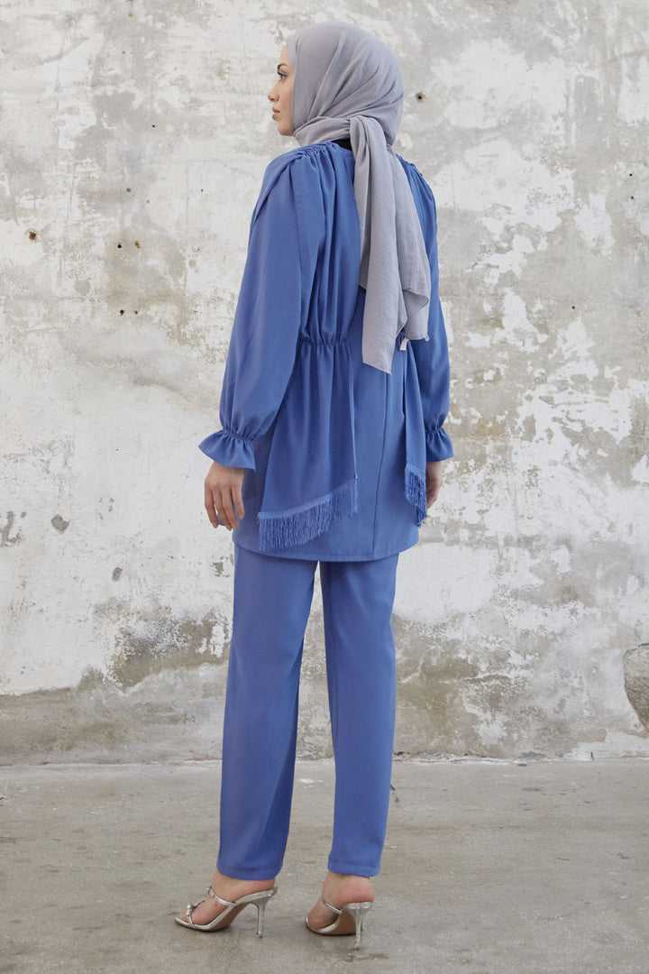 MDS Women Tassel Detail Stone Crepe Set - Indigo - Gatineau