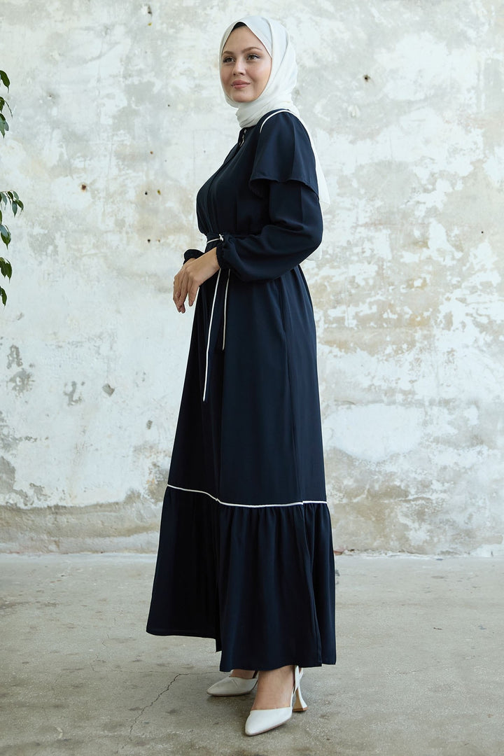 MDS Women Navy Blue Coat with Arm Detail and Belt - Stryi