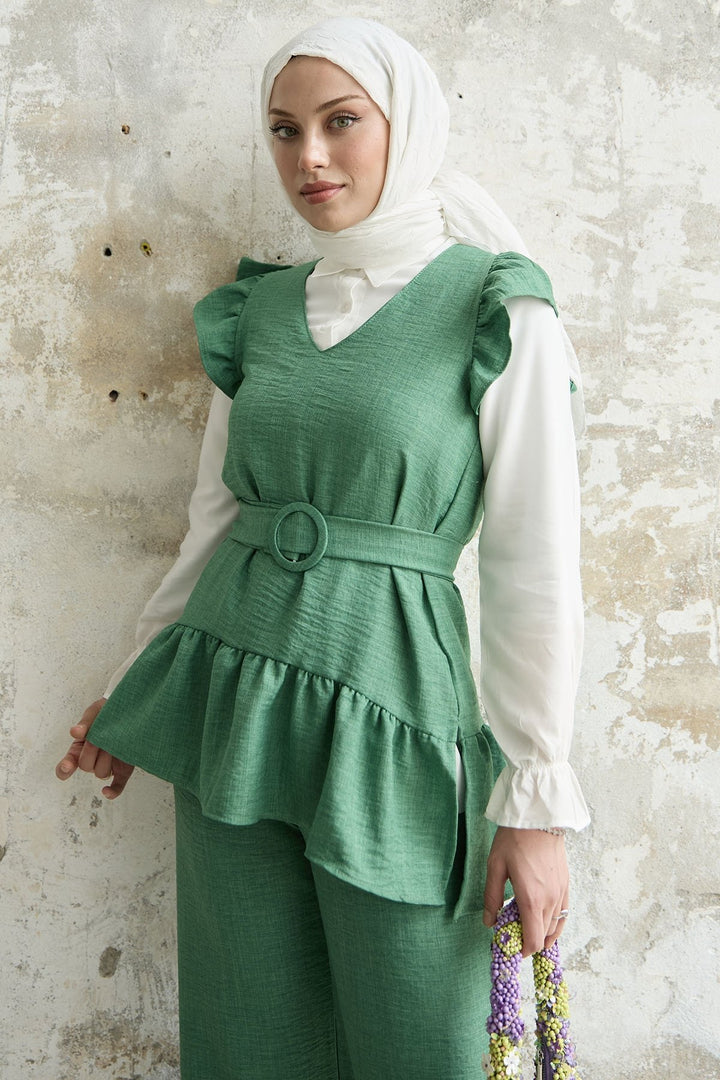 MDS Women Ruffled Shoulder Three Piece Set - Green - Lagkadás