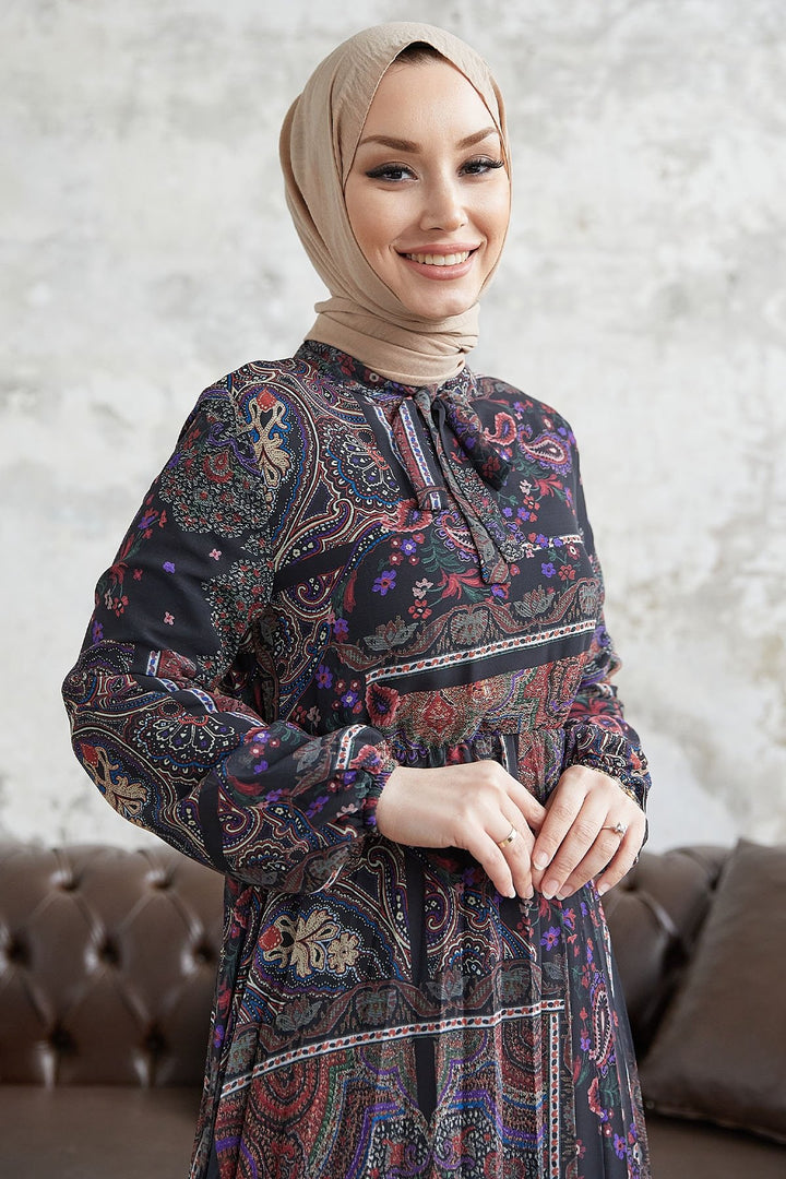 MDS Women Viera Shawl Patterned Collar Belted Chiffon Dress - Black - Vigevano
