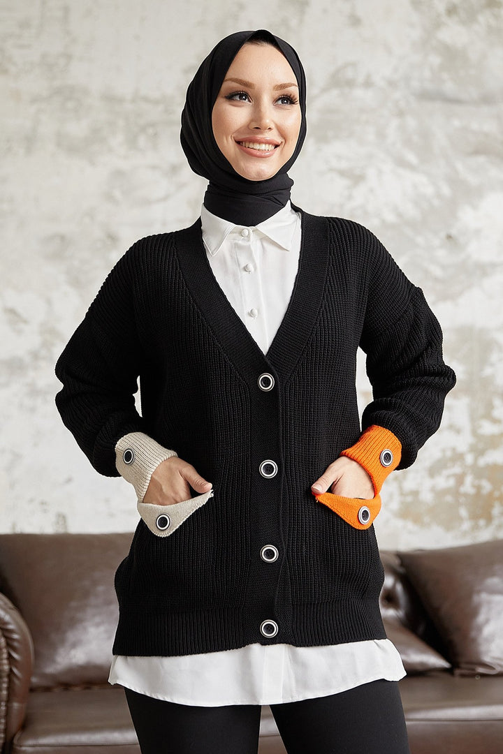 MDS Women Buttoned Pocket and Sleeve Knit Cardigan - Black - Waterloo