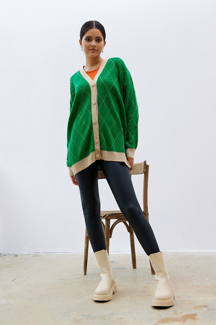 MDS Women Lovi Patterned Cardigan - Green - Amora
