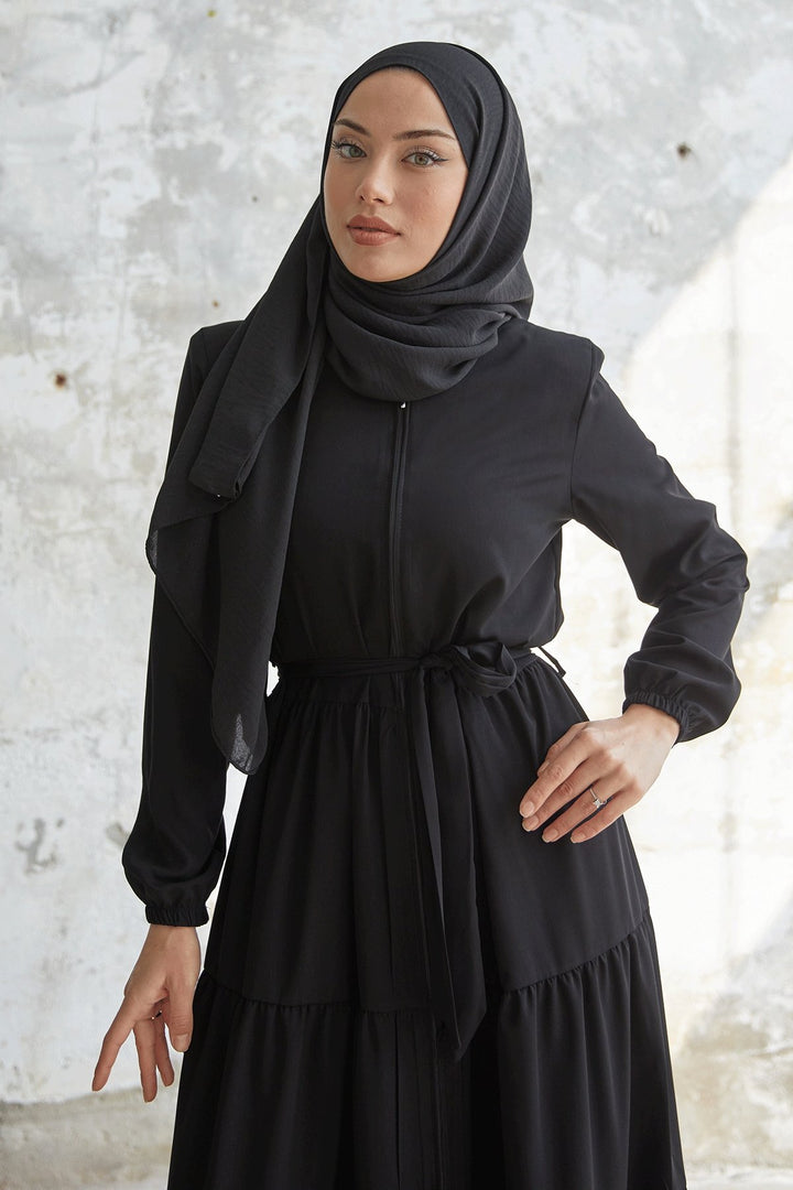 MDS Women Gathered Waist Ruffle Abaya - Black - Mexicali