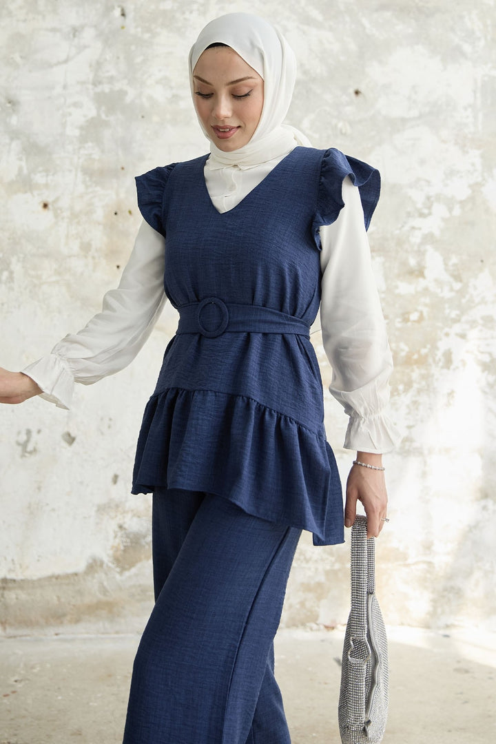 MDS Women Ruffled Shoulder Three Piece Set - Navy - Emsdetten