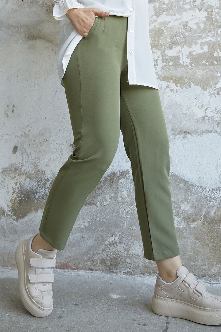 MDS Women High Waist Belted Double Fabric Pants - Khaki - Cozumel