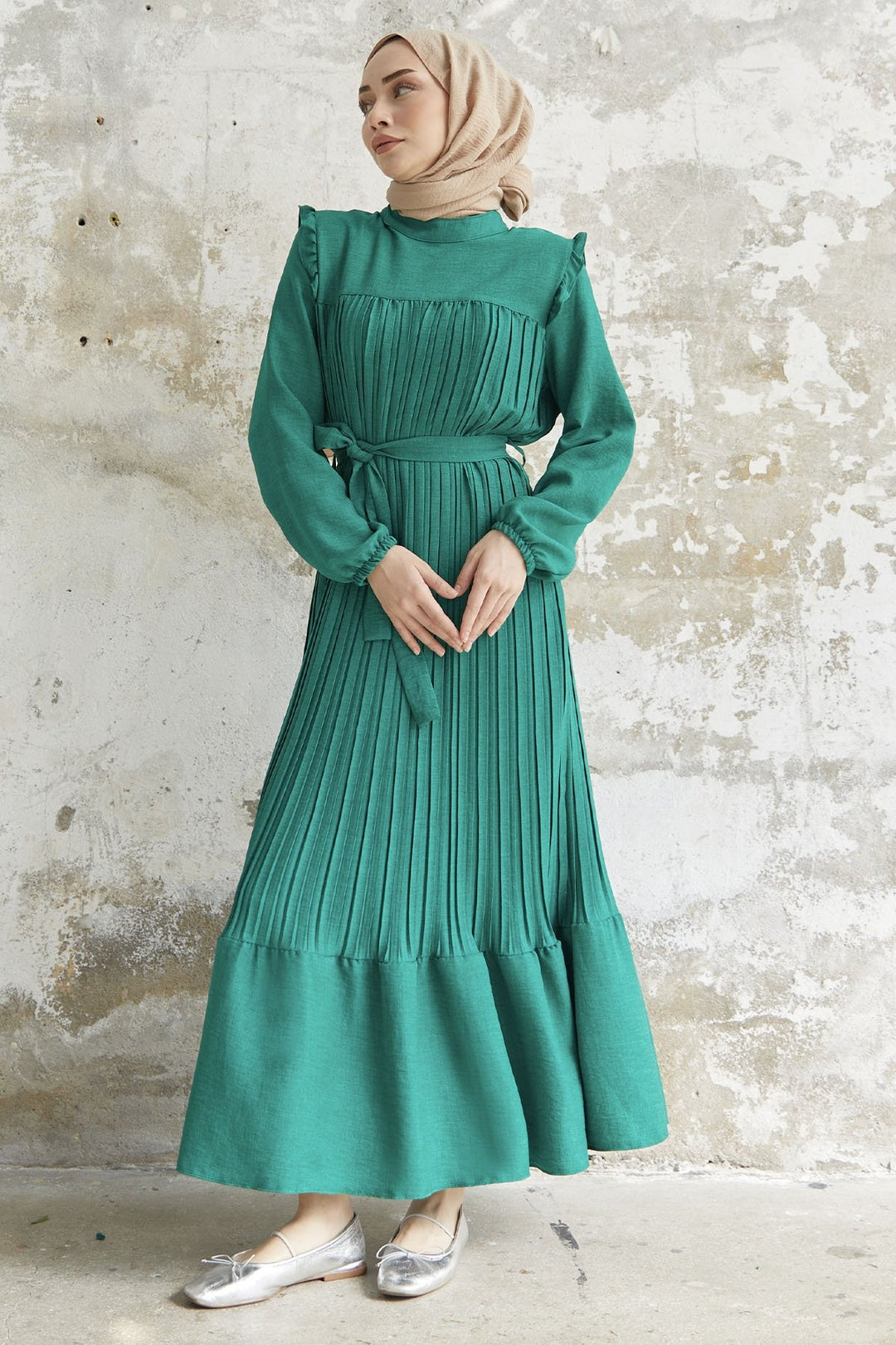 MDS Women Ruffle Trim Linen Dress with Puff Sleeves - Green - Arnold