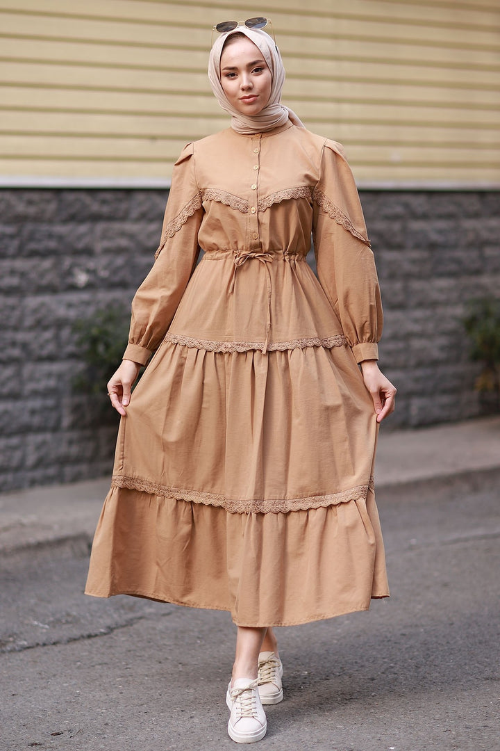 MDS Women Guipure Detail Balloon Sleeve Dress - Brown - Brookhaven