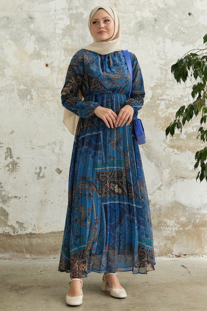 MDS Women Viera Shawl Patterned Collar Belted Chiffon Dress - Blue - Allentown