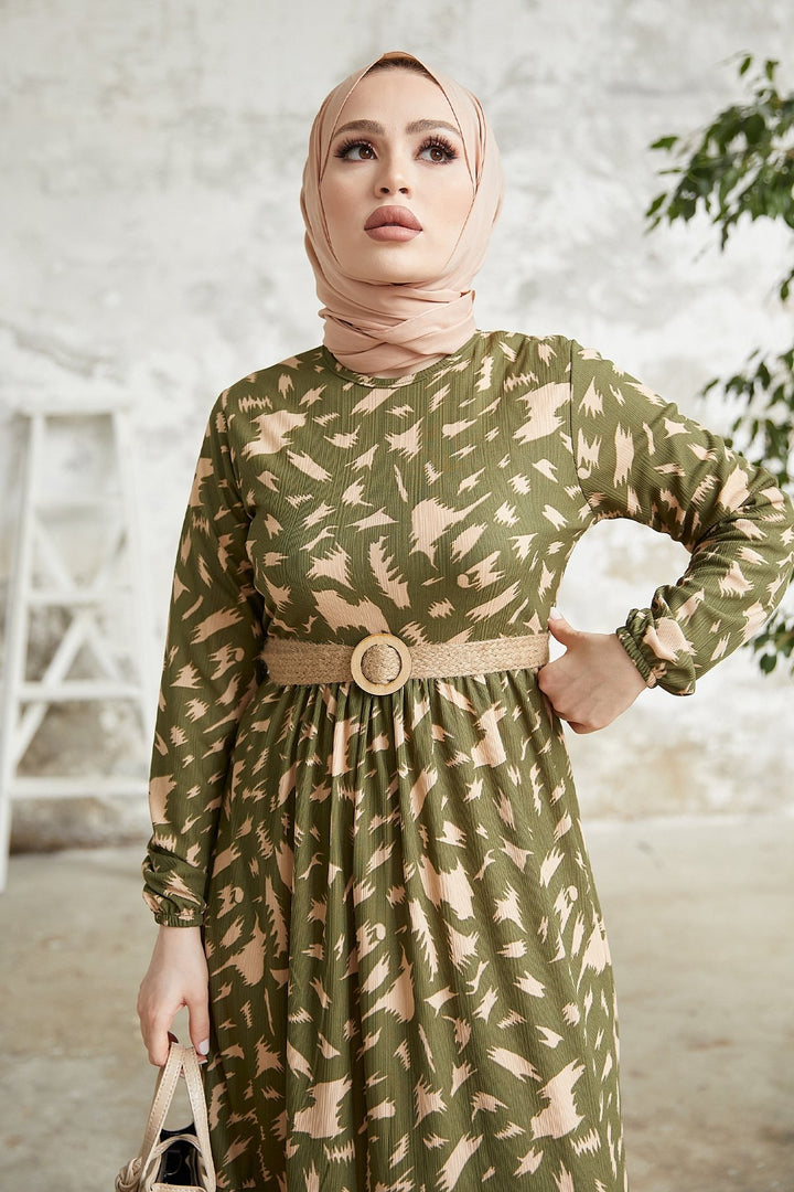 MDS Women Rena Straw Belted Patterned Dress - Khaki - Dewsbury