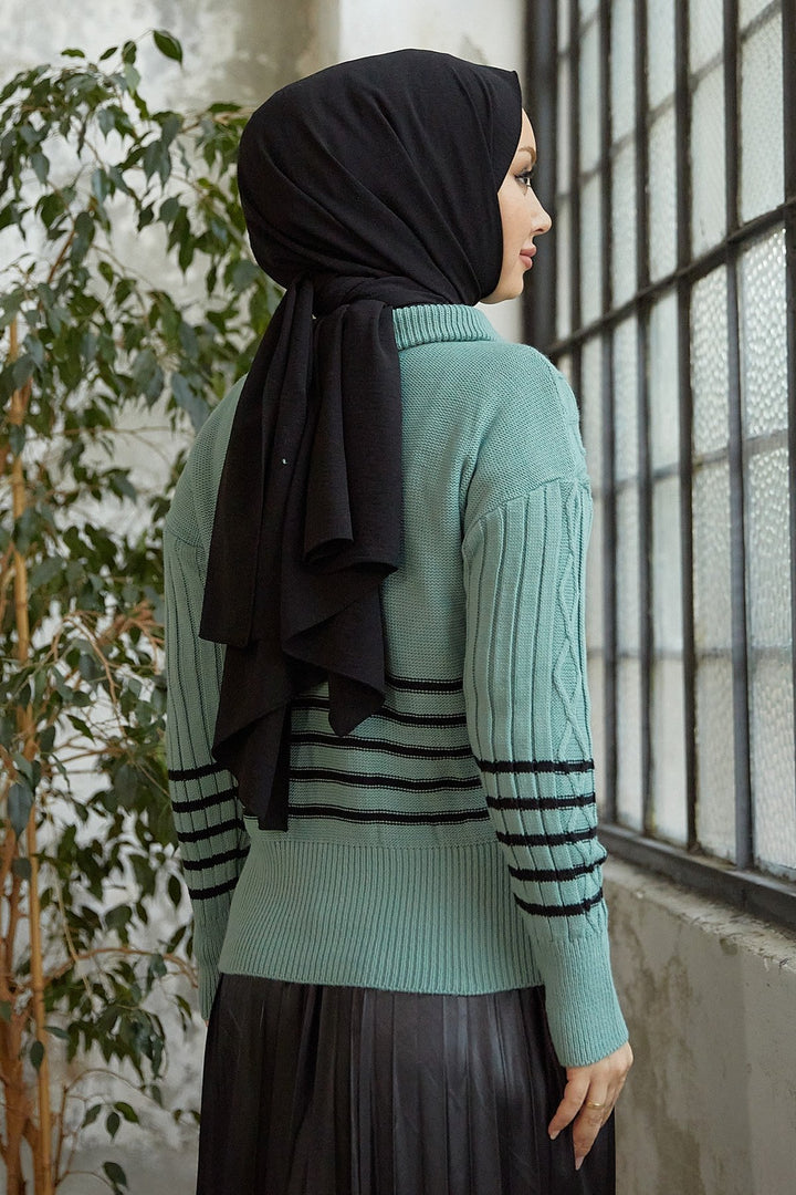 MDS Women Sova Neck Zippered Striped Knit Sweater - Mint - New Bedford
