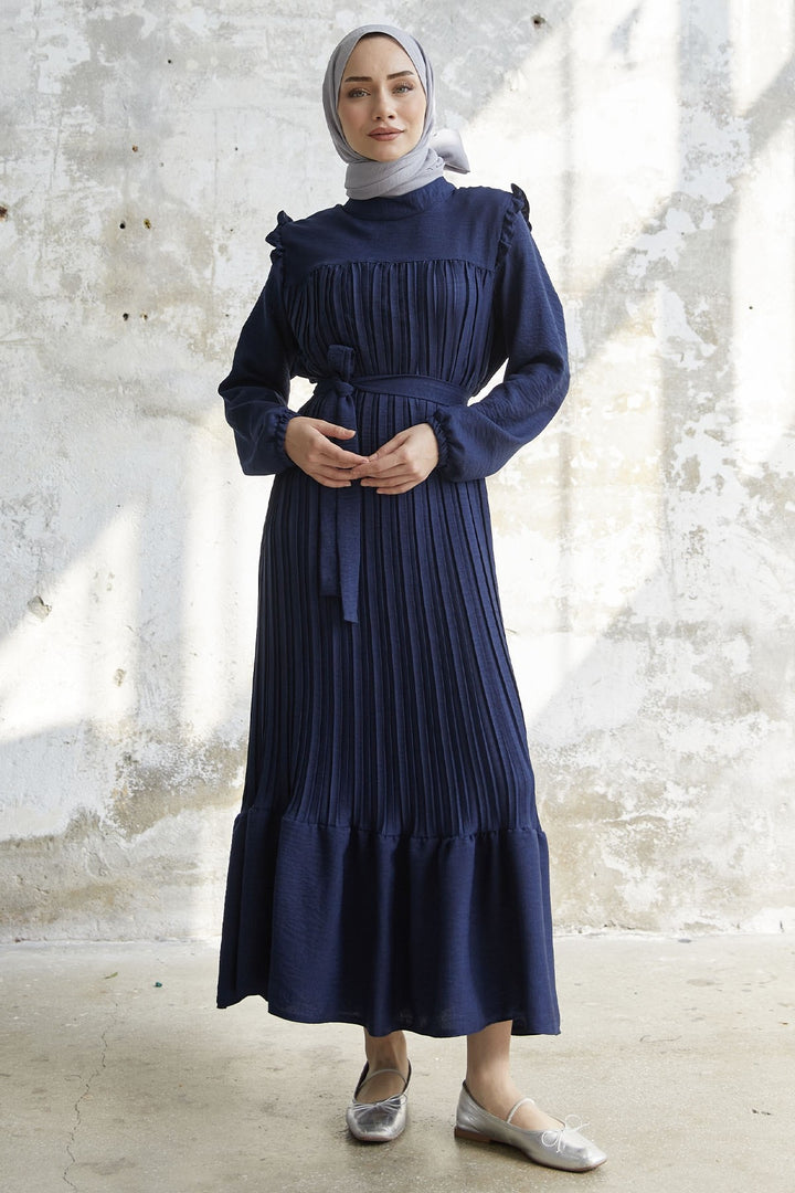 MDS Women Ruffle Trim Linen Dress with Puffed Shoulders - Navy - Seattle