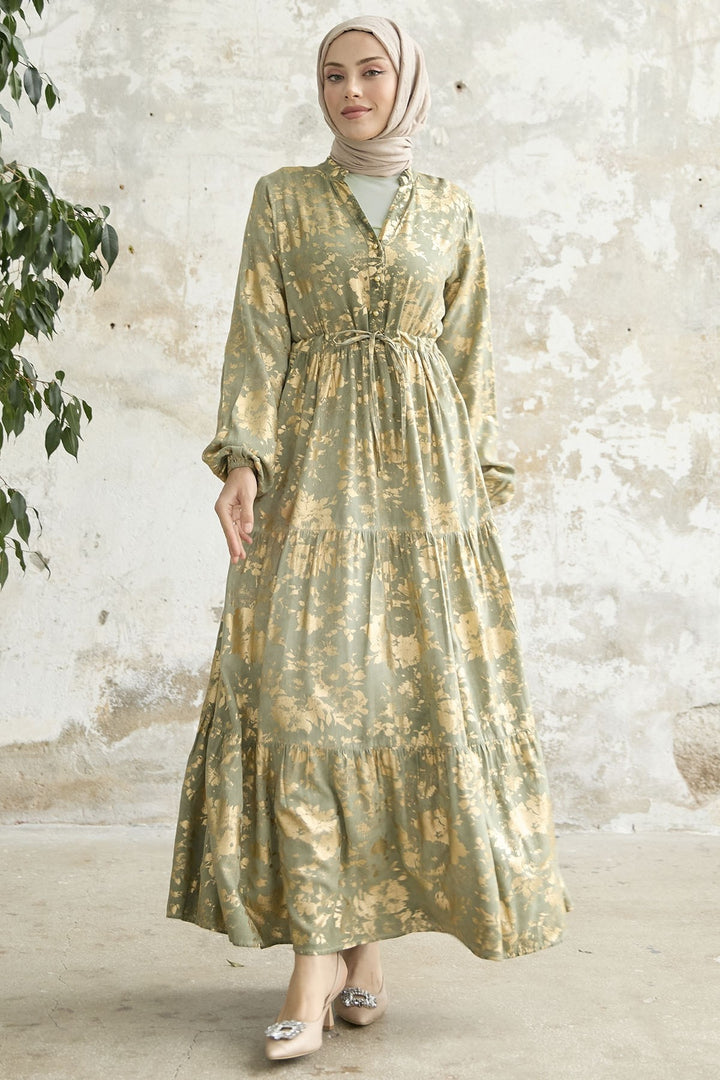 MDS Women Leaf Pattern Dress with Gold Leaf - Mint - La Rochelle
