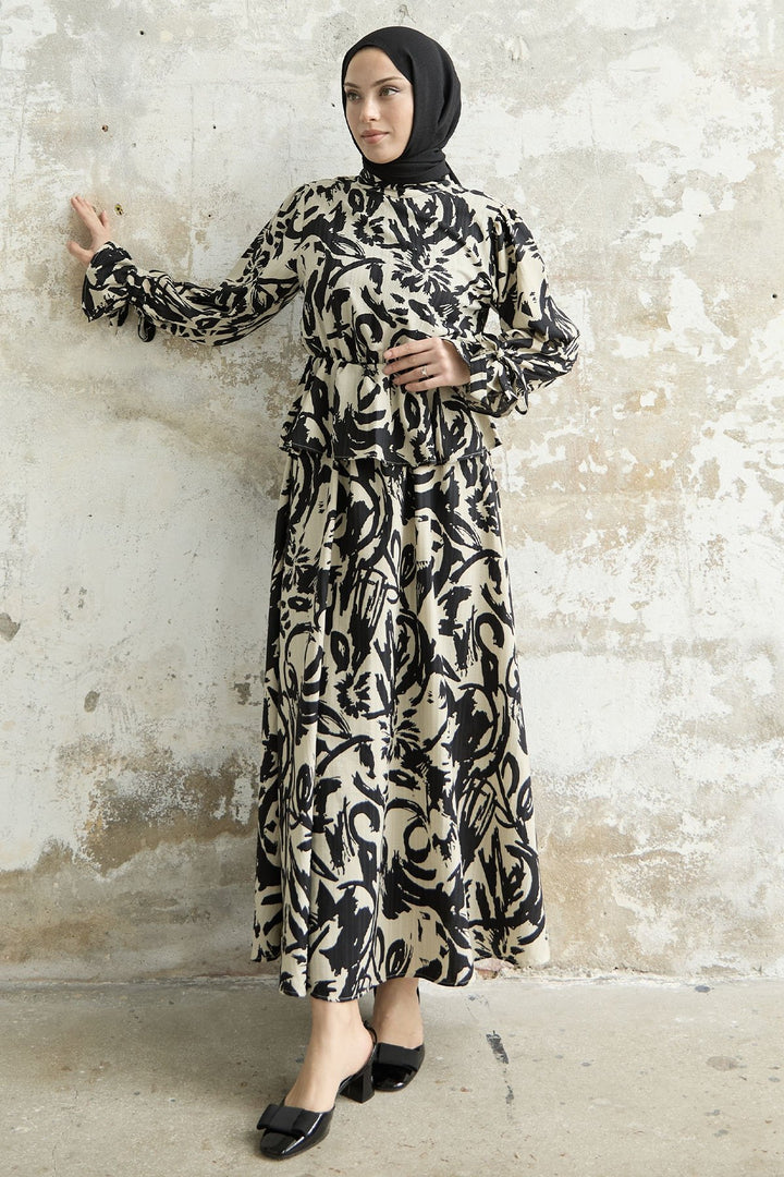 MDS Women Sleeve Tied Patterned Skirt Suit - Black - Beveren