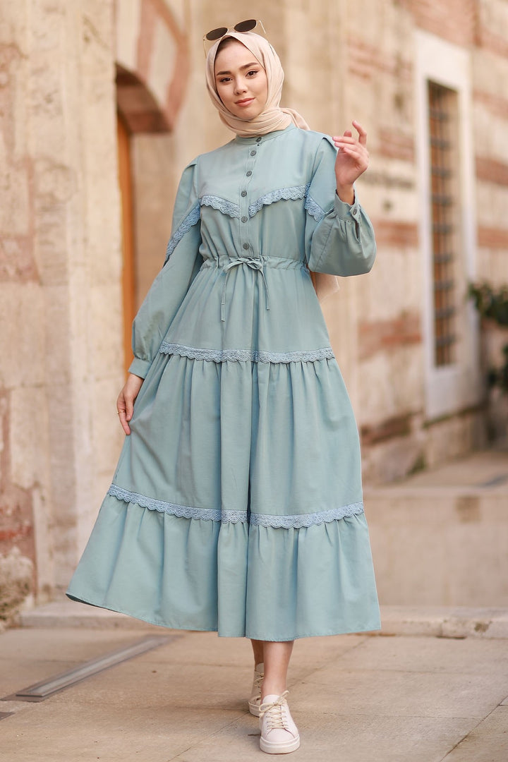 MDS Women Guipure Detail Balloon Sleeve Dress - Mint - Vinnytsia