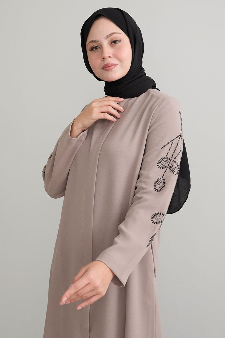 MDS Women Beige Coat with Leaf Patterned Sleeves - Gulfport